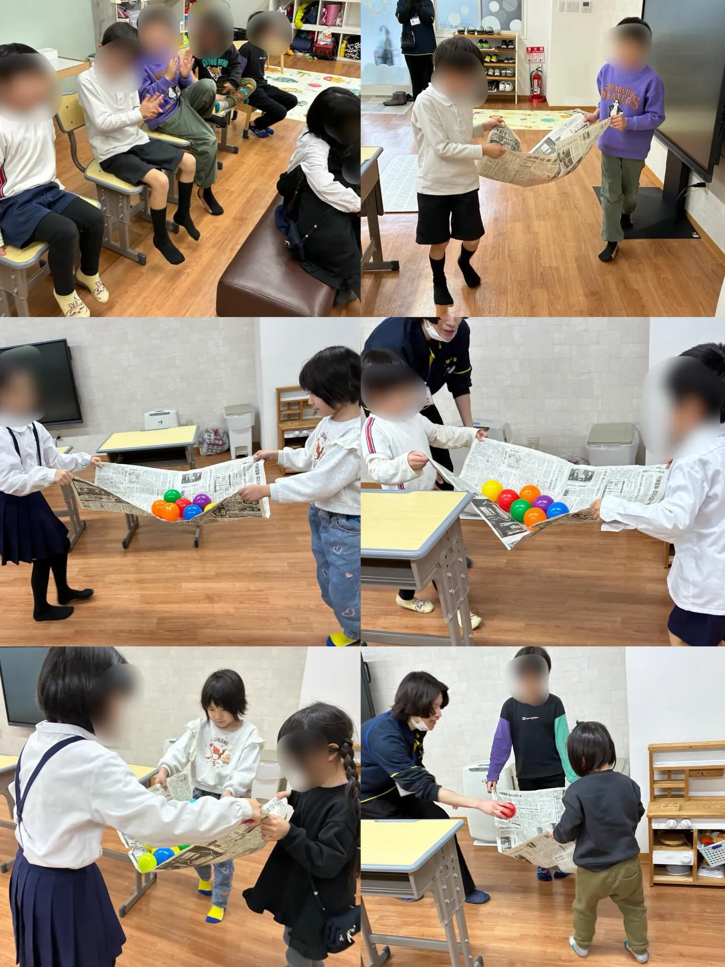 今回の集団活動は、カラーボールを新聞紙の上に乗せて落とさずに...