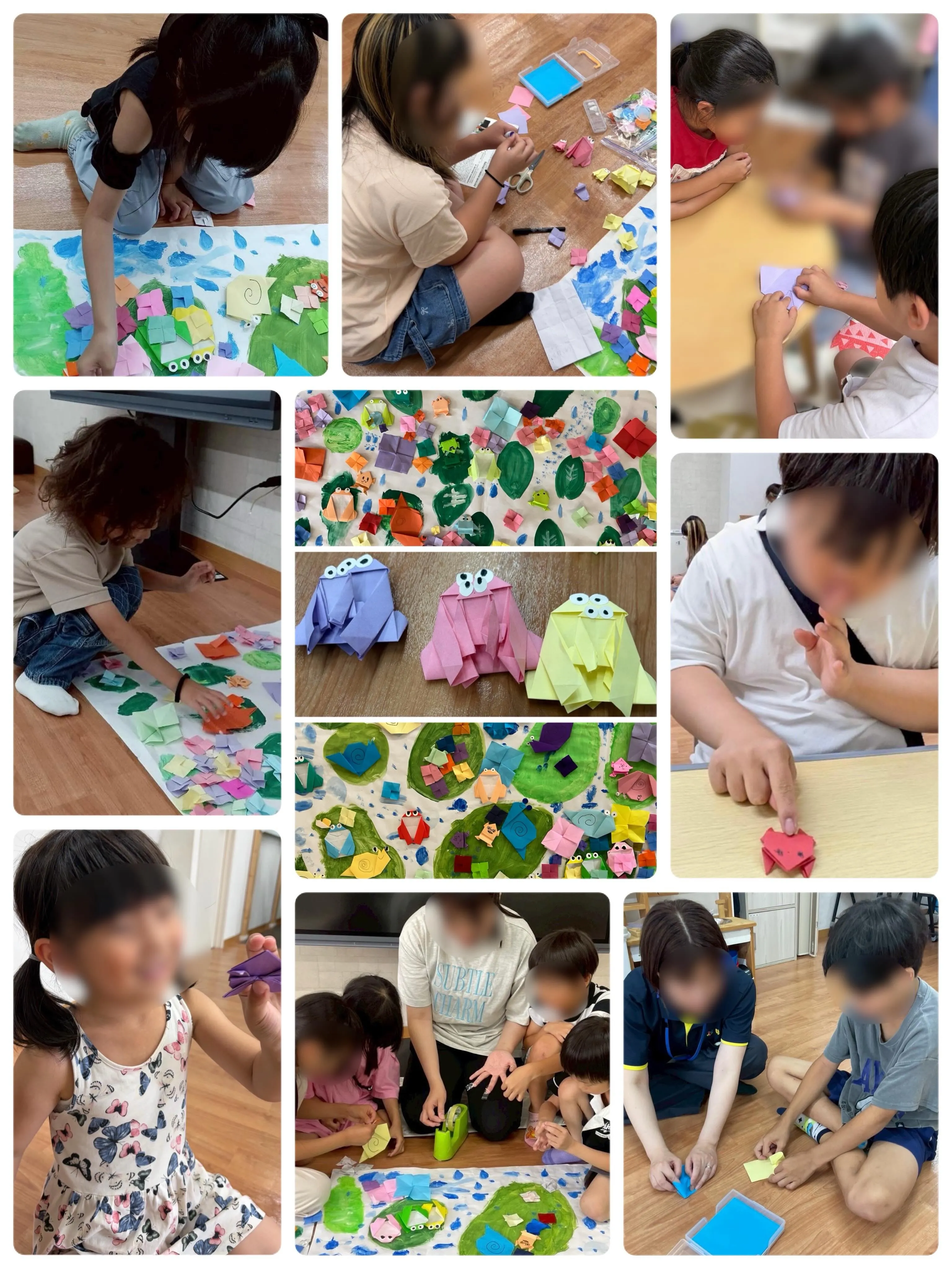 先月皆んなで雨と葉っぱの絵を描いた模造紙に今月は折り紙の紫陽...